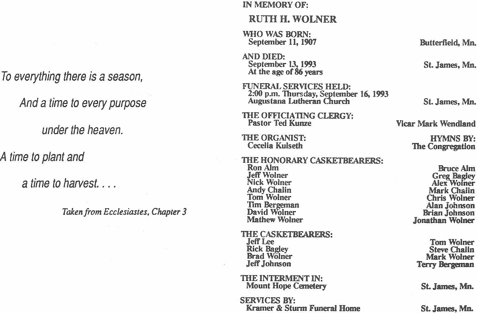 Ruth (Mossengren) Wolner funeral card