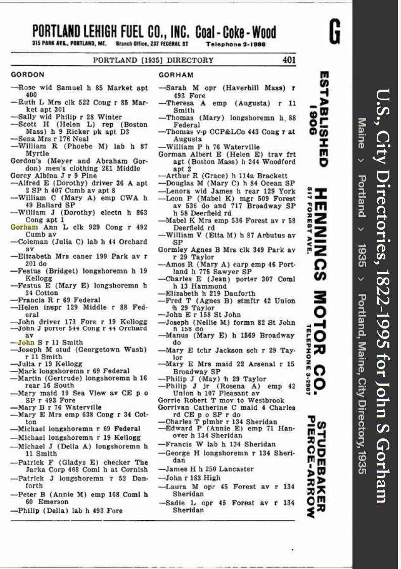 John Stephen Gorham Sr--U.S., City Directories, 1822-1995(1935)