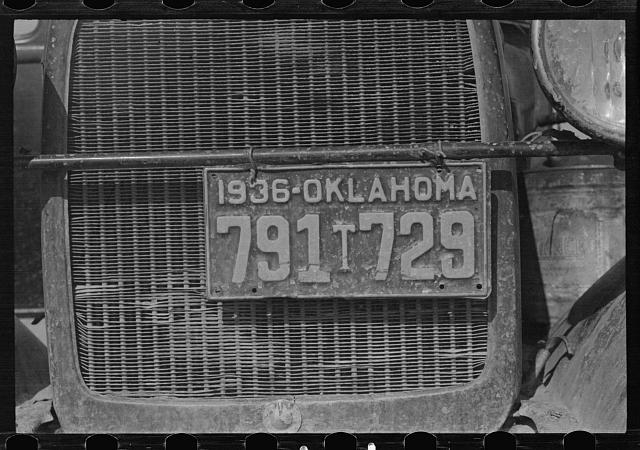 Radiator and license of Oklahoma cotton picker's car. San...