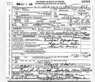 John Alfred Cooper death certificate 