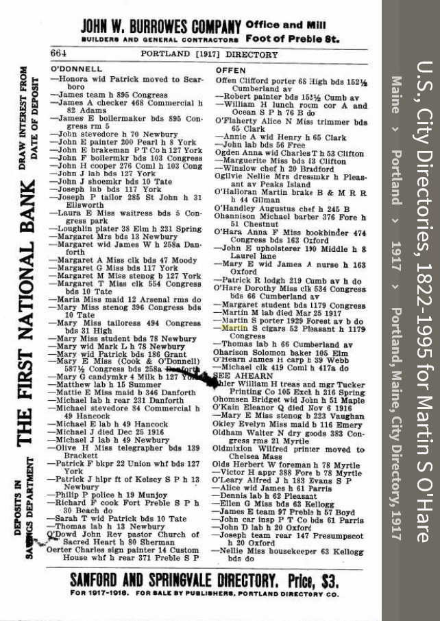 Martin Scanlan O'Hare --U.S., City Directories, 1822-1995(1917)