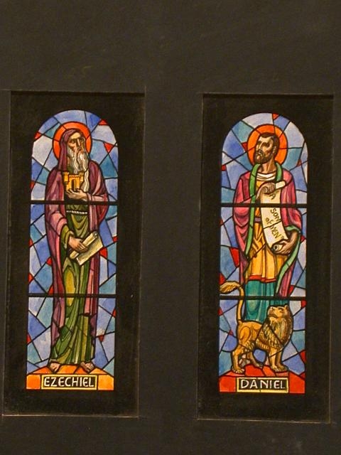 [Design drawing for stained glass window with Ezekiel;...