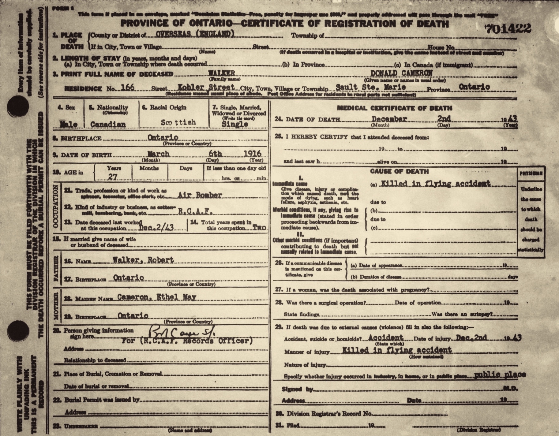 Donald Cameron Walker - Death Certificate