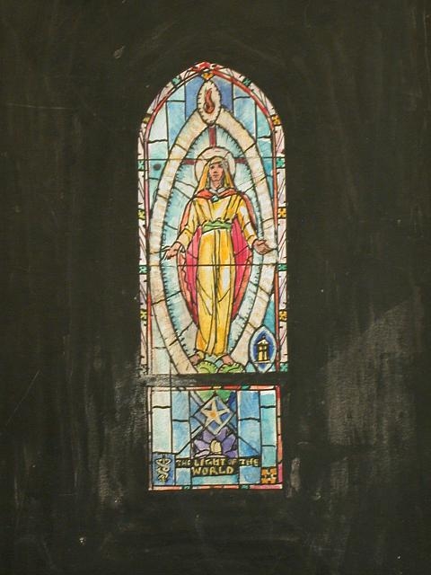 [Design drawing for stained glass window with text "The...