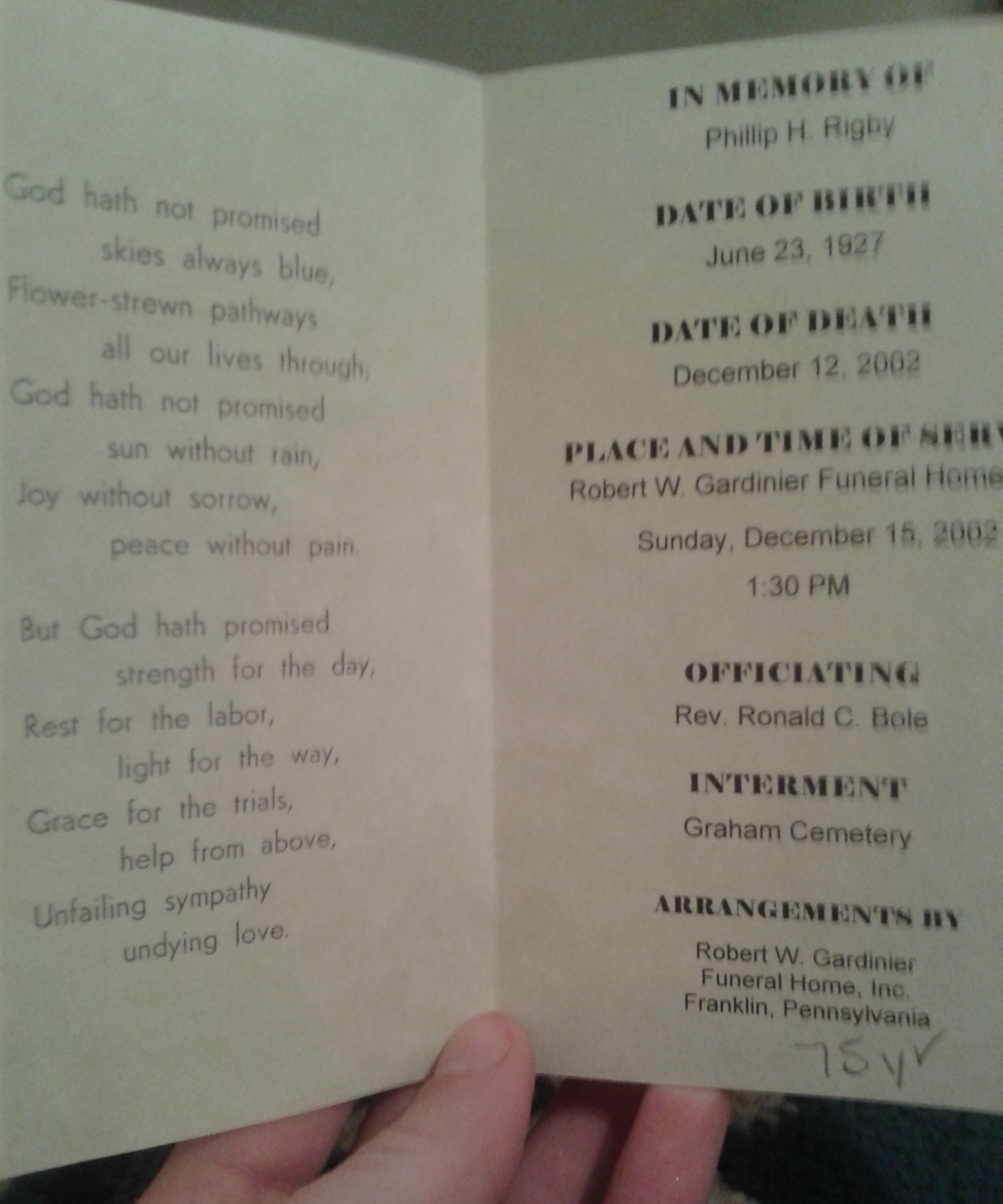 Phillip H Rigby funeral card