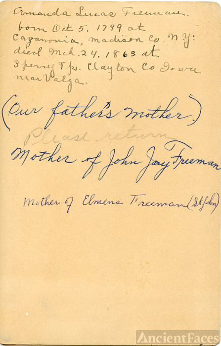 Back of Amanda (Lucas) Freeman cabinet card.
