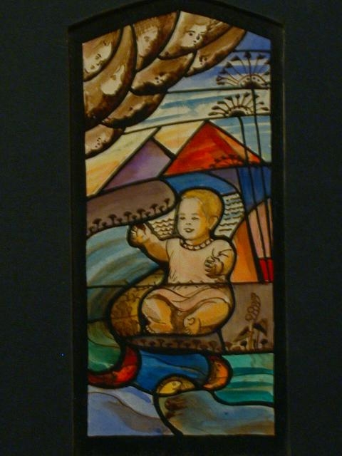 [Design drawing for stained glass window showing infant...