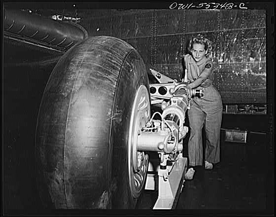 A landing gear ready for assembly on a North American...