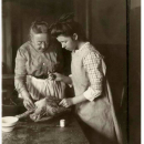 Lola Marie Zimmerman (nee Kammer) learning to truss a turkey in Brule, Nebraska, during the Great Depression