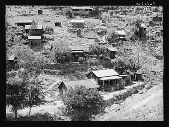 Houses of miners on side of hill at Mogollon, New Mexico