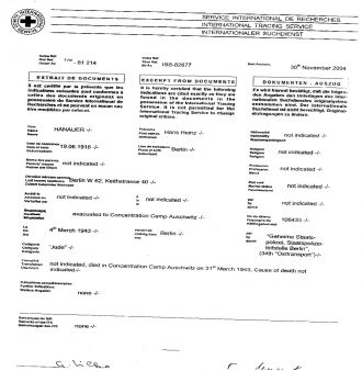 Death document for Hans Heinz Hanauer