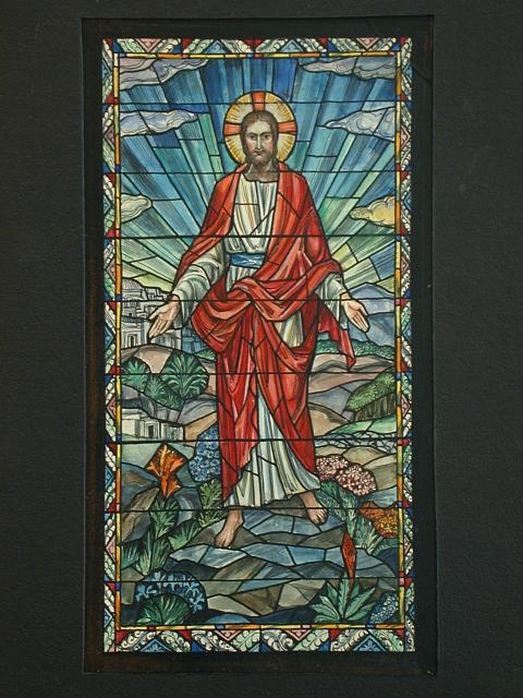 [Design drawing for stained glass window showing...