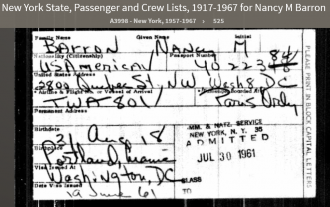 Nancy Maynes Barron--New York State, Passenger and Crew Lists, 1917-1967(30jul1961)