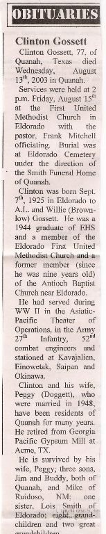 Obituary of Clinton Gossett, native of Eldorado Ok