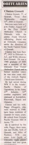 Obituary of Clinton Gossett, native of Eldorado Ok
