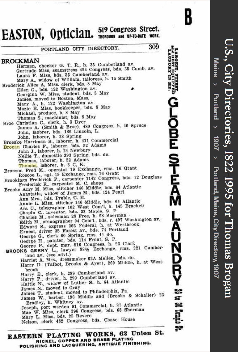 Thomas Michael Brogan --U.S., City Directories, 1822-1995(1907)