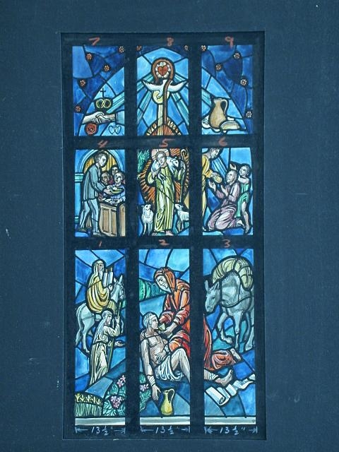 [Design drawing for stained glass window with Christian...