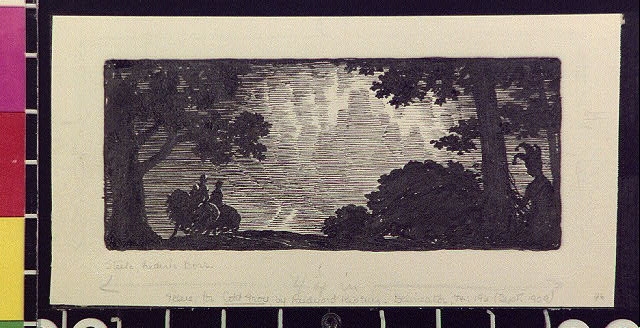 [Two men on horseback and Puck standing next to tree]
