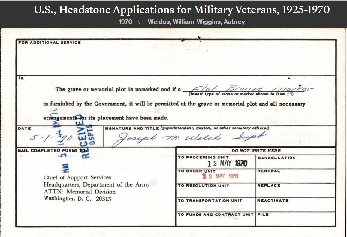 Joseph Michael Welch --U.S., Headstone Applications for Military Veterans, 1925-1970(1970)back