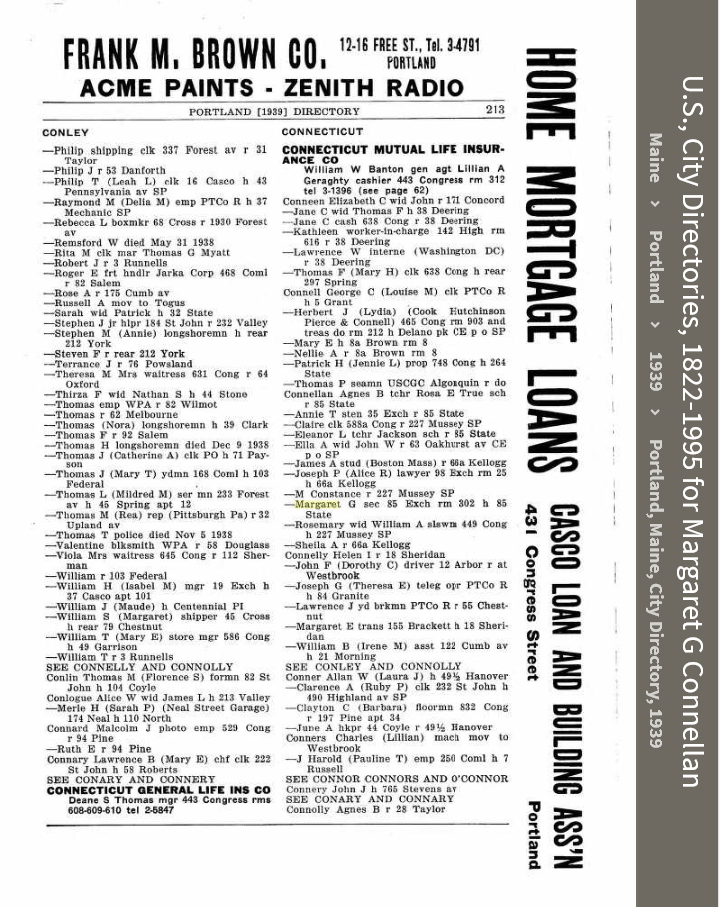 Margaret Gertrude Connellan--U.S., City Directories, 1822-1995(1939) a