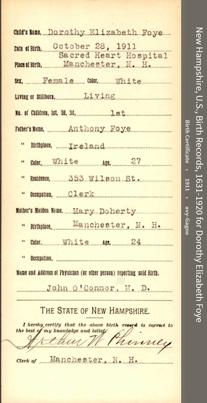 Dorothy Elizabeth Foye-Callan--New Hampshire, U.S., Birth Records, 1631-1920(1911)