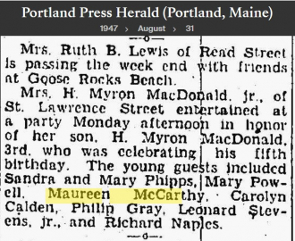 Maureen R McCarthy --Portland Press Herald (Portland, Maine)31 Aug 1947