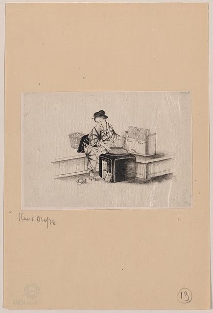 [A Japanese woman, with one shoe (geta) off (to operate...