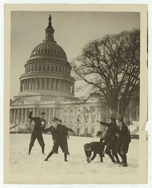 [Senate page boys stage their first snow battle on the...