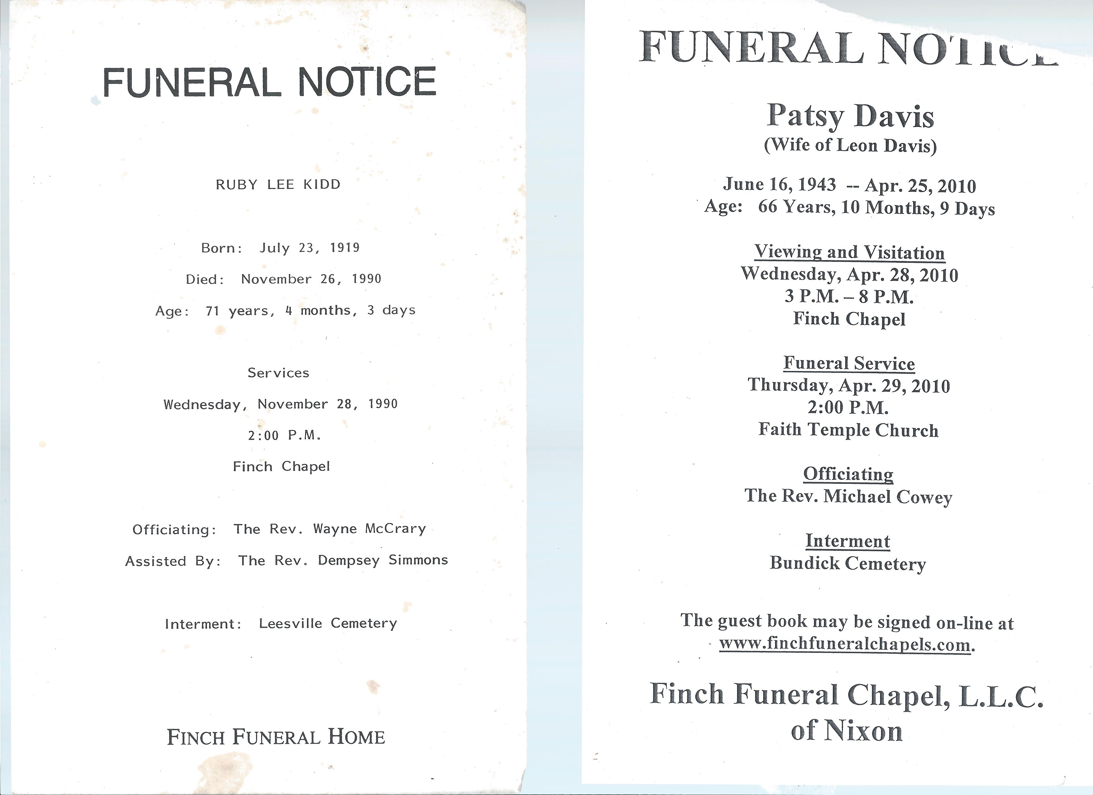 Pat Davis Finch's Funeral