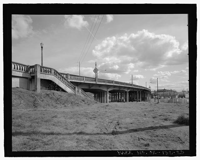 Detail view of stairwell on the west side of the viaduct,...