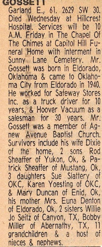 1981 Obituary of Garland E. Gossett, Okla City, OK