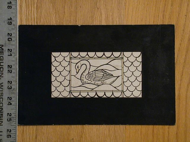 [Design drawing for stained glass window with swan over...