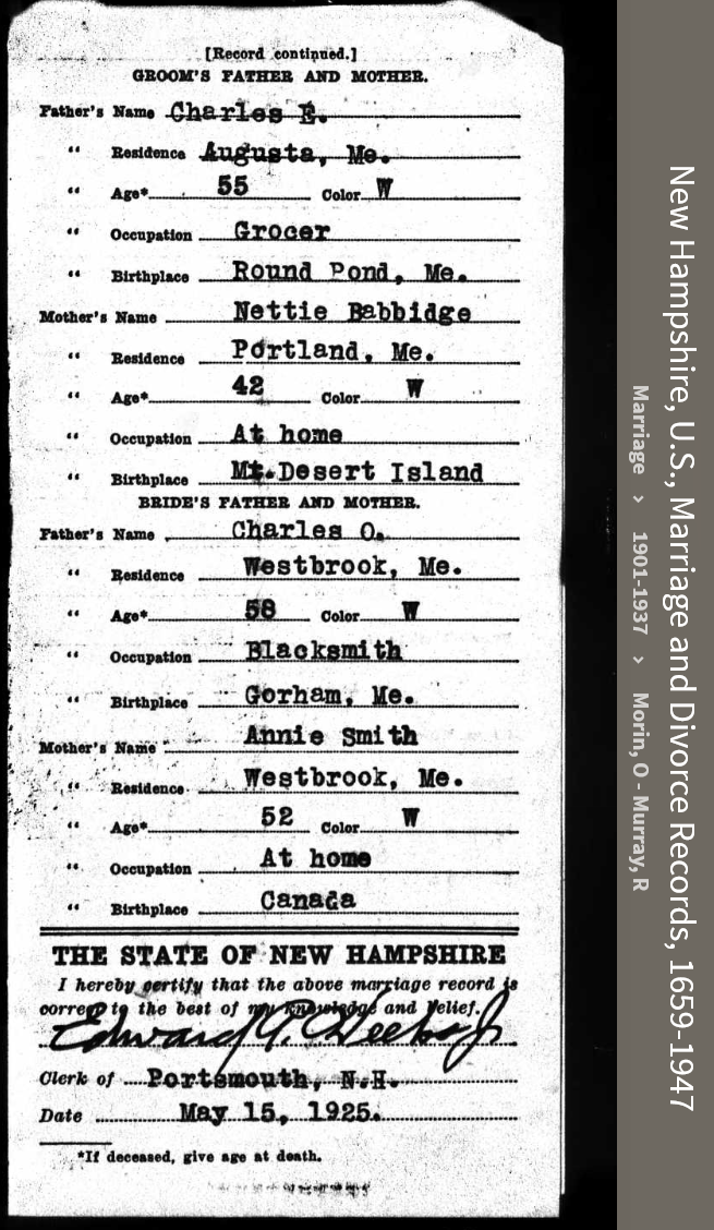 Alma Erskine McLellan-Murphy-Connell --New Hampshire, U.S., Marriage and Divorce Records, 1659-1947(21apr1925)back