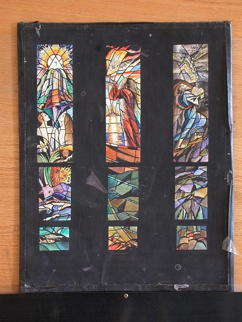[Design drawing for 9-light stained glass window with...
