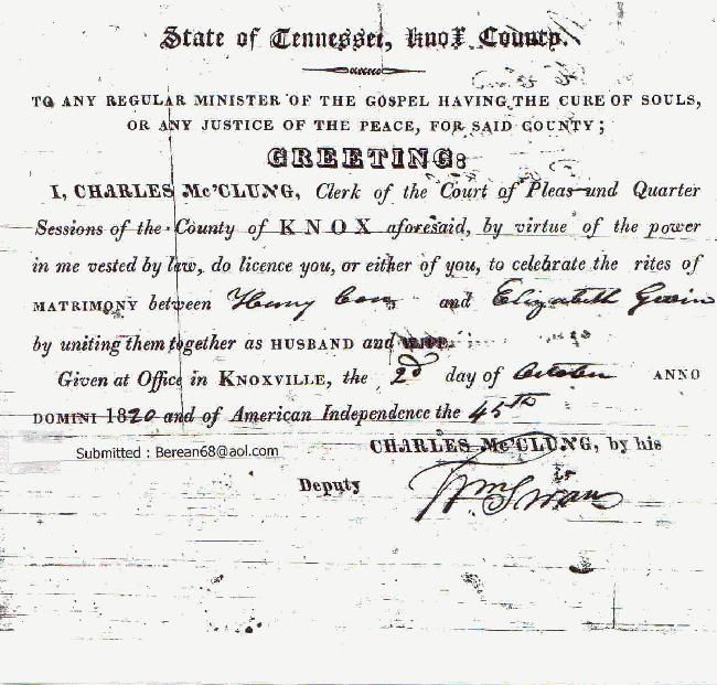 1820 Henry Cox-Elizabeth Givin Marriage Lic.