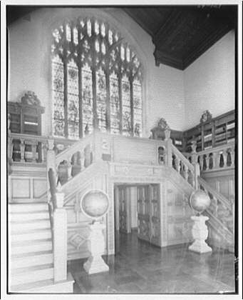 Folger Library interiors. Stairs at west end of Folger...