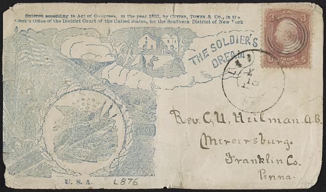 [Civil War envelope showing eagle emblem in front of camp...