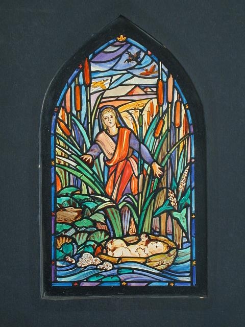 [Design drawing for stained glass window showing infant...