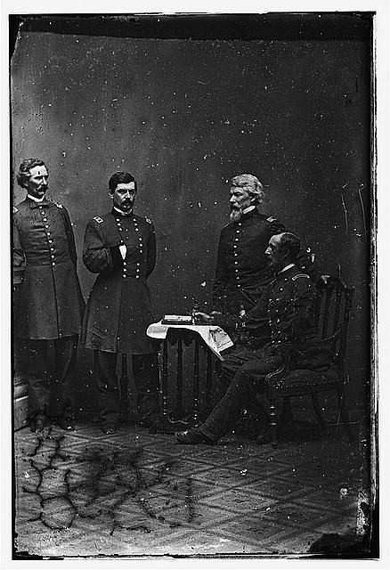McClellan and staff. L to R: Capt. Clark, Gen. McClellan,...