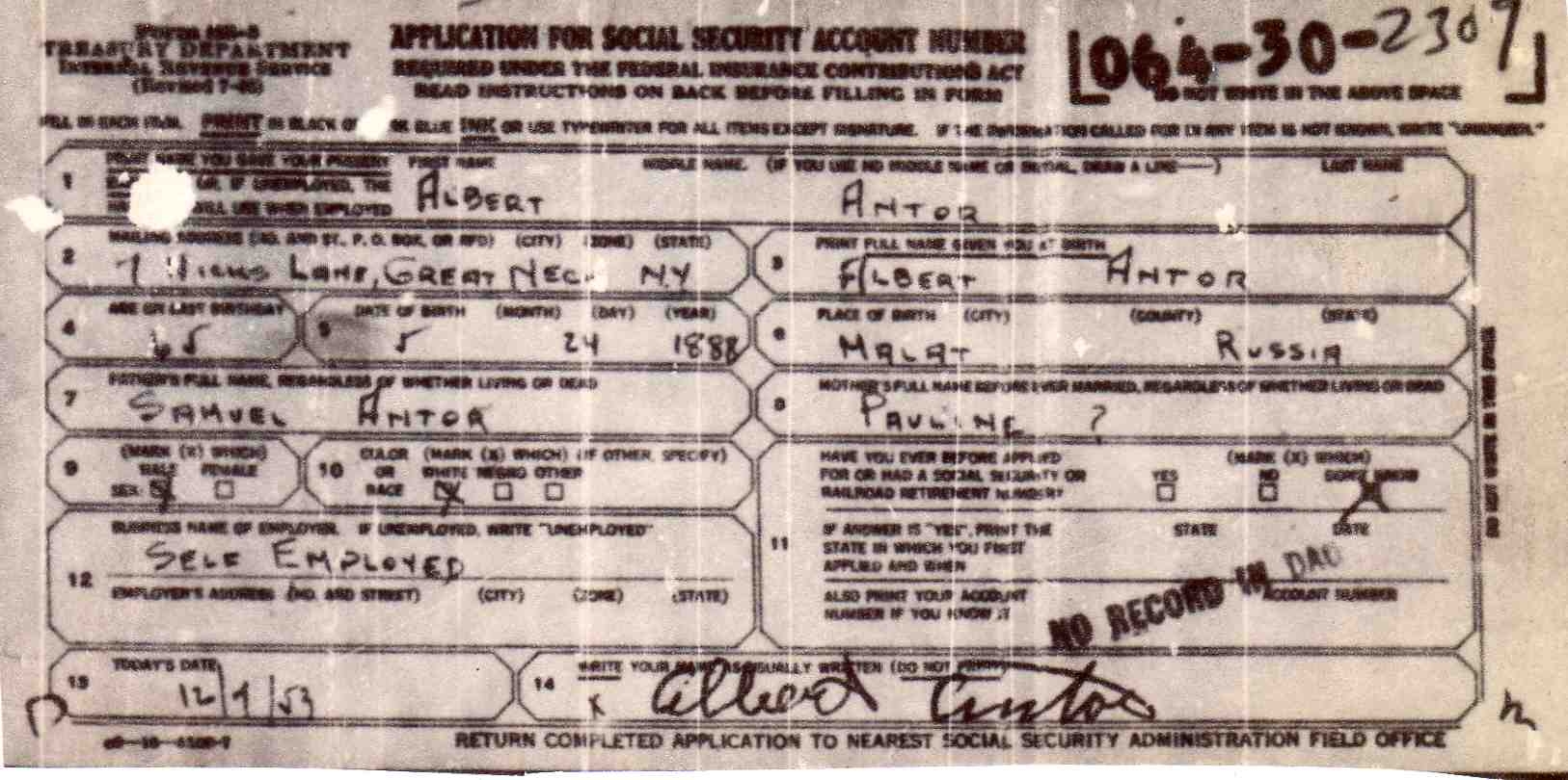 Social Security Application for Albert Antor
