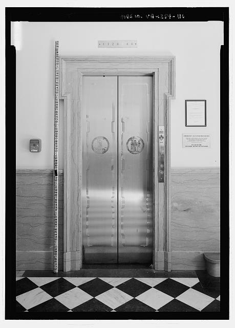 Third floor, detail view of east elevator door and...