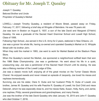 Joseph Timothy "Joe" Quealey-- Obituary 17 feb 2017