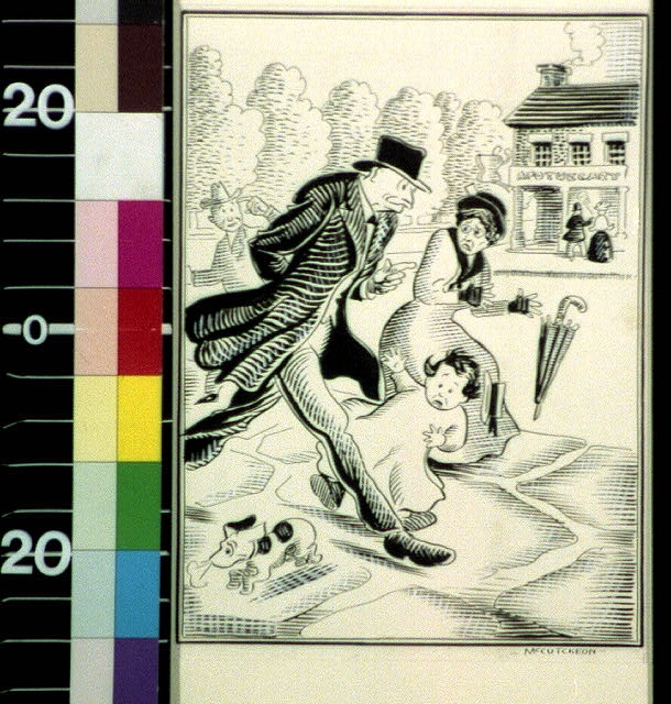 [Man walking between child and dog in street]