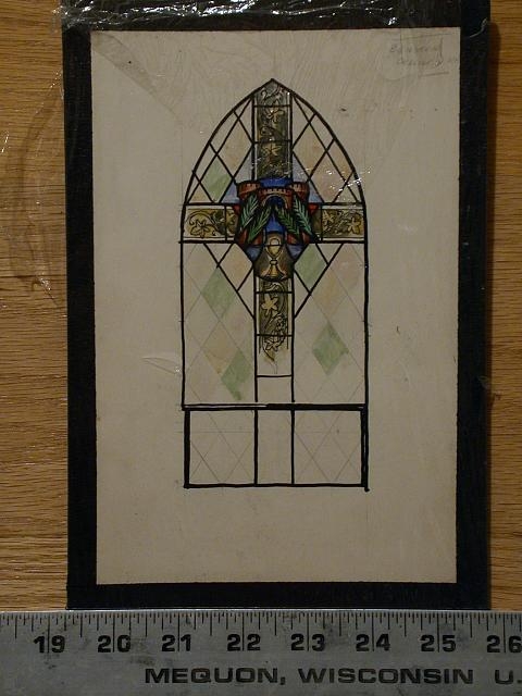 [Design drawing for stained glass window with cross with...