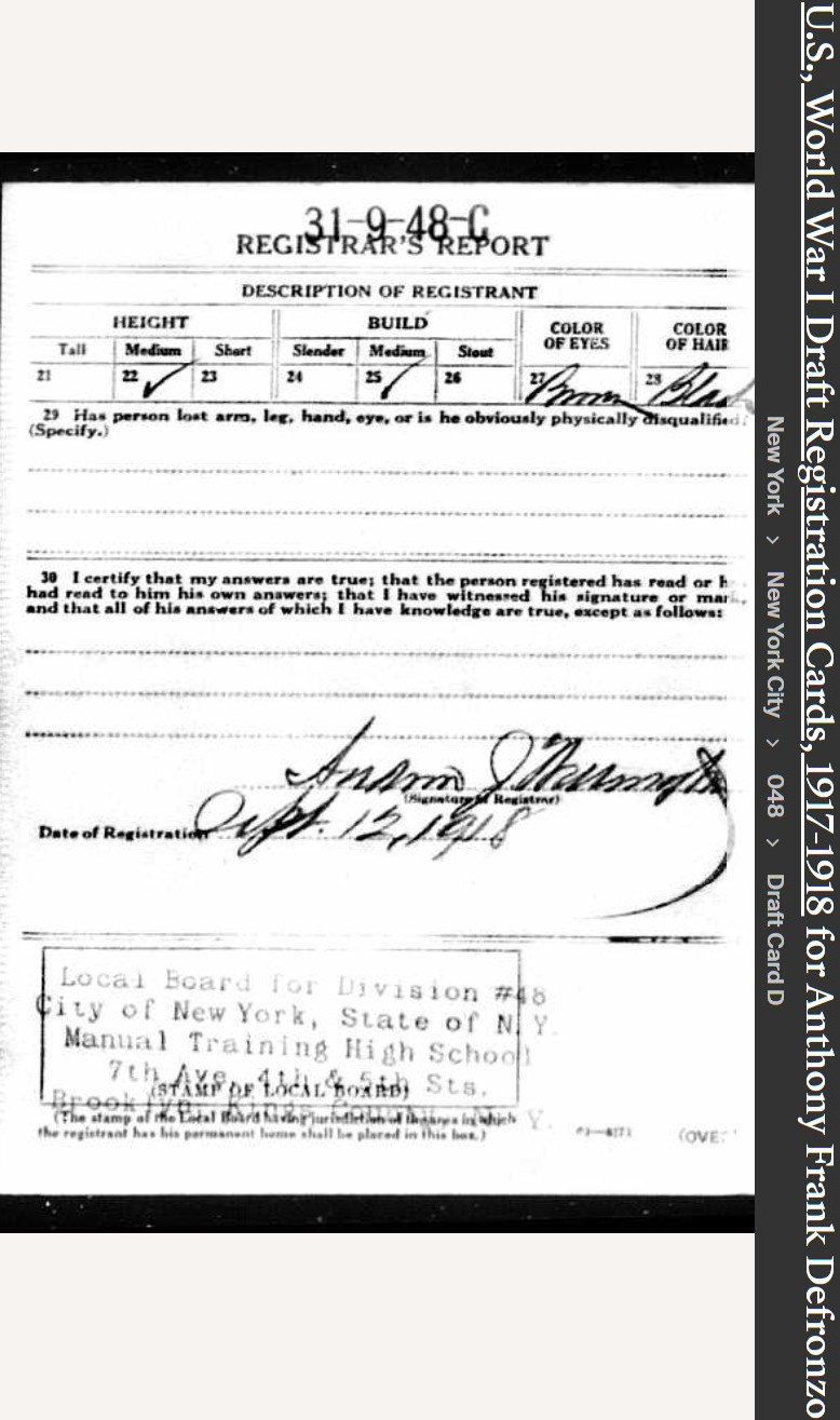 Anthony Frank Defronzo Sr --U.S., World War I Draft Registration Cards, 1917-1918(12 sep 1918)back