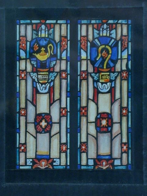 [Design drawing for stained glass window showing "Wisdom"...
