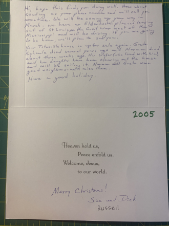 Note from neighbor Sue Russell