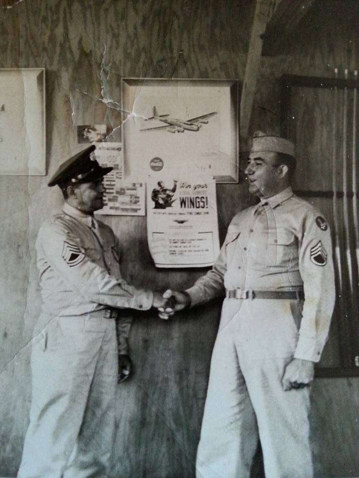USAAF Staff Sergeant (at this time) Anthony Costanza shaking a Technical Sergeant (at that time), I am unsure of his name or anything else about the photo. 