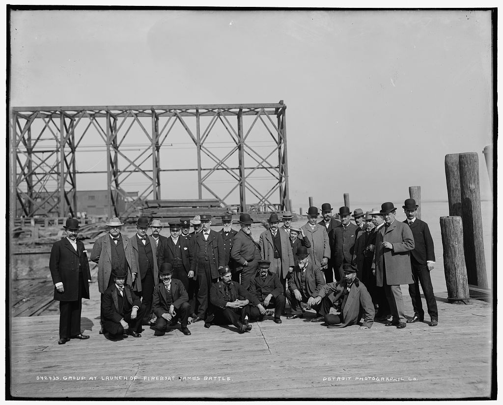 Group at launch of fireboat James Battle