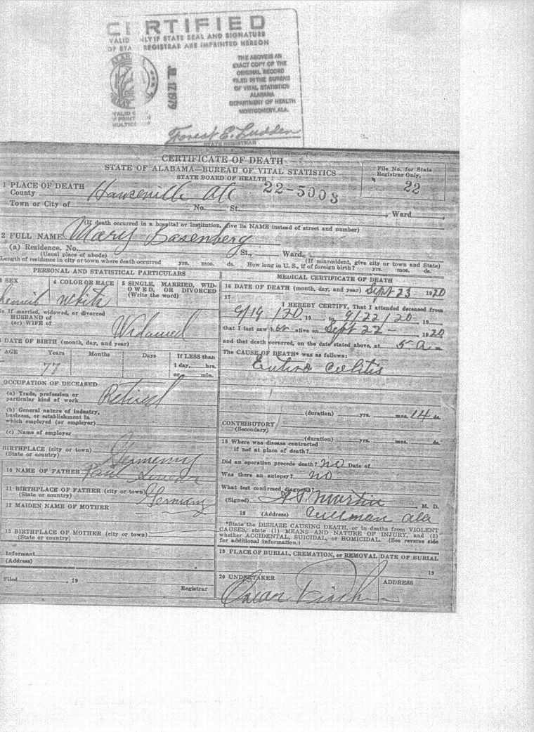 Death Certificate of Mary Swear Basenberg